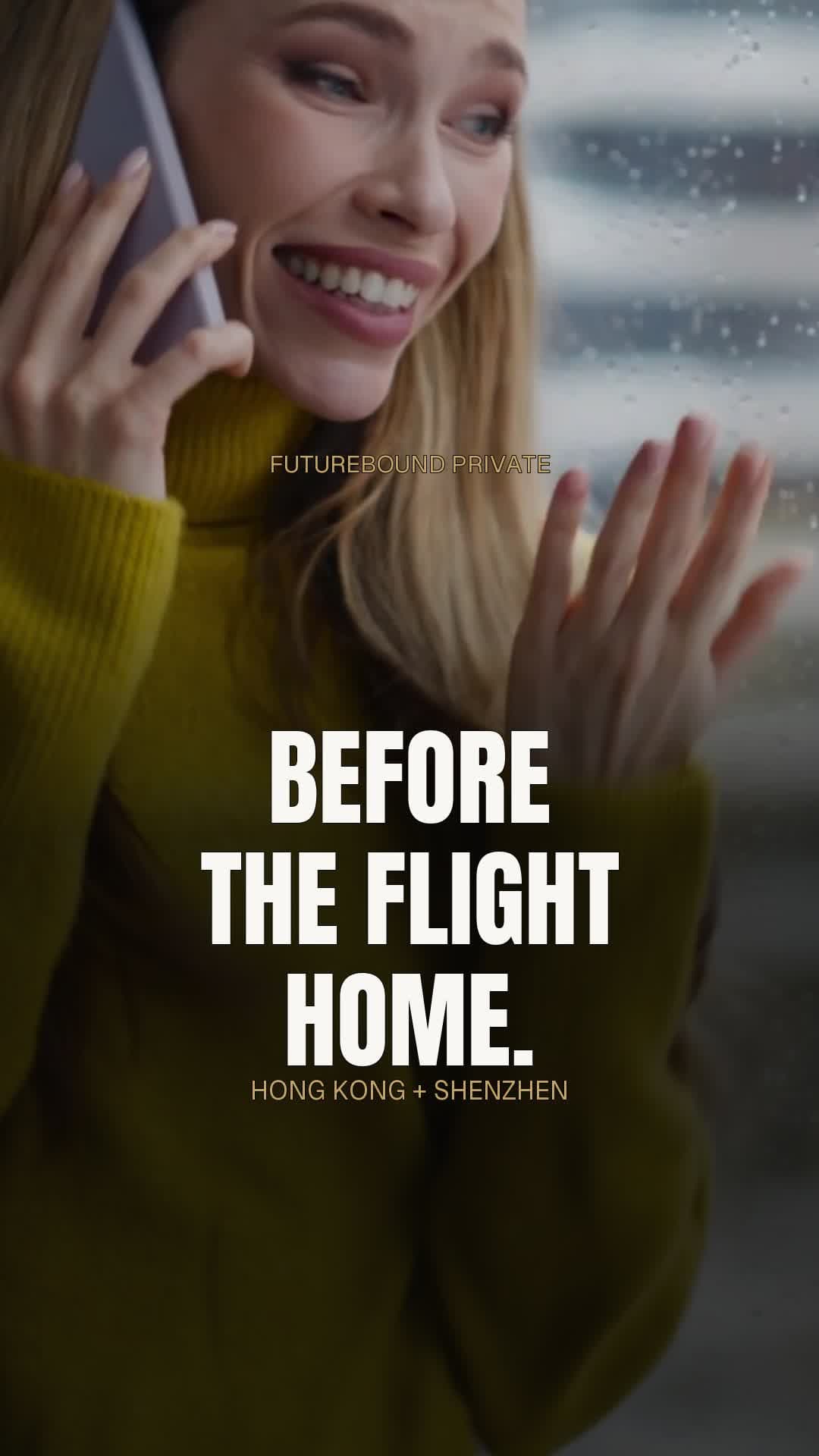 Before the flight home. A blonde adult visitor beside a rain-streaked window, with warm-white cinematic lettering and restrained gold details.