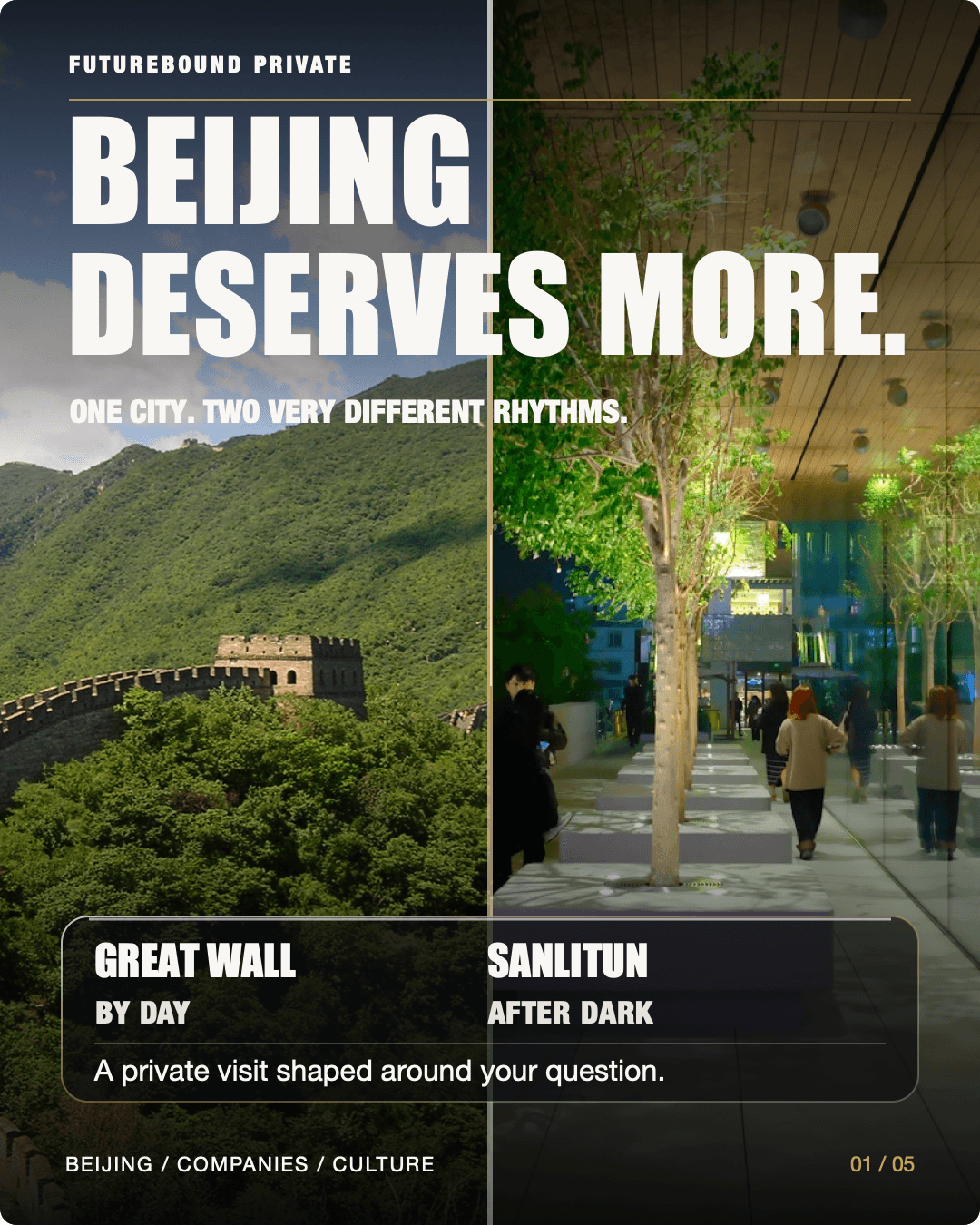 Split editorial cover: the Great Wall in daylight beside a public Sanlitun street scene after dark, with Futurebound Private typography and a glass location panel.