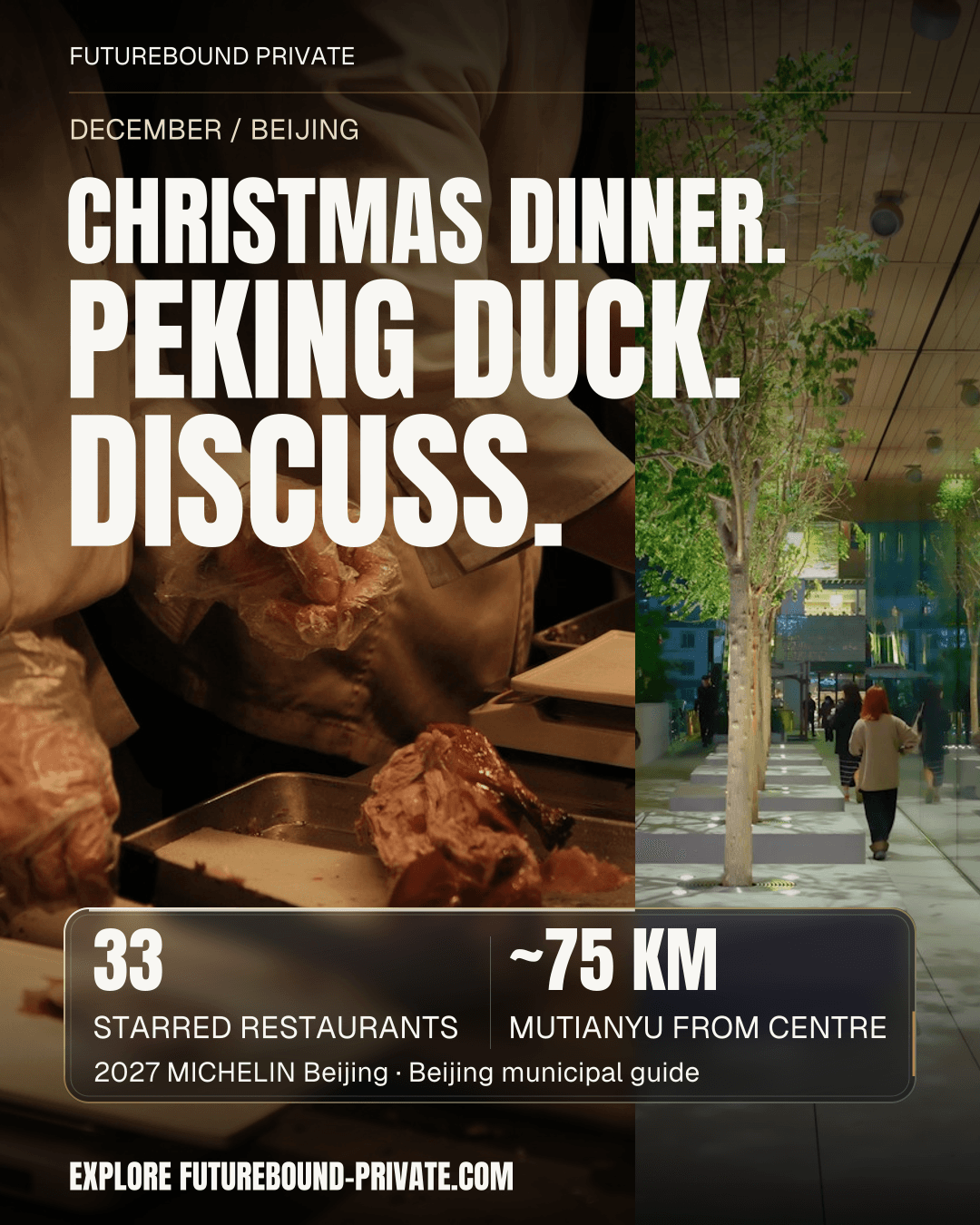 Futurebound Private Beijing Christmas artwork: Peking duck preparation beside Sanlitun after dark. Headline: Christmas dinner. Peking duck. Discuss. Smoked-glass panel shows 33 starred Beijing restaurants in the 2027 MICHELIN selection and Mutianyu approximately 75 km from central Beijing.