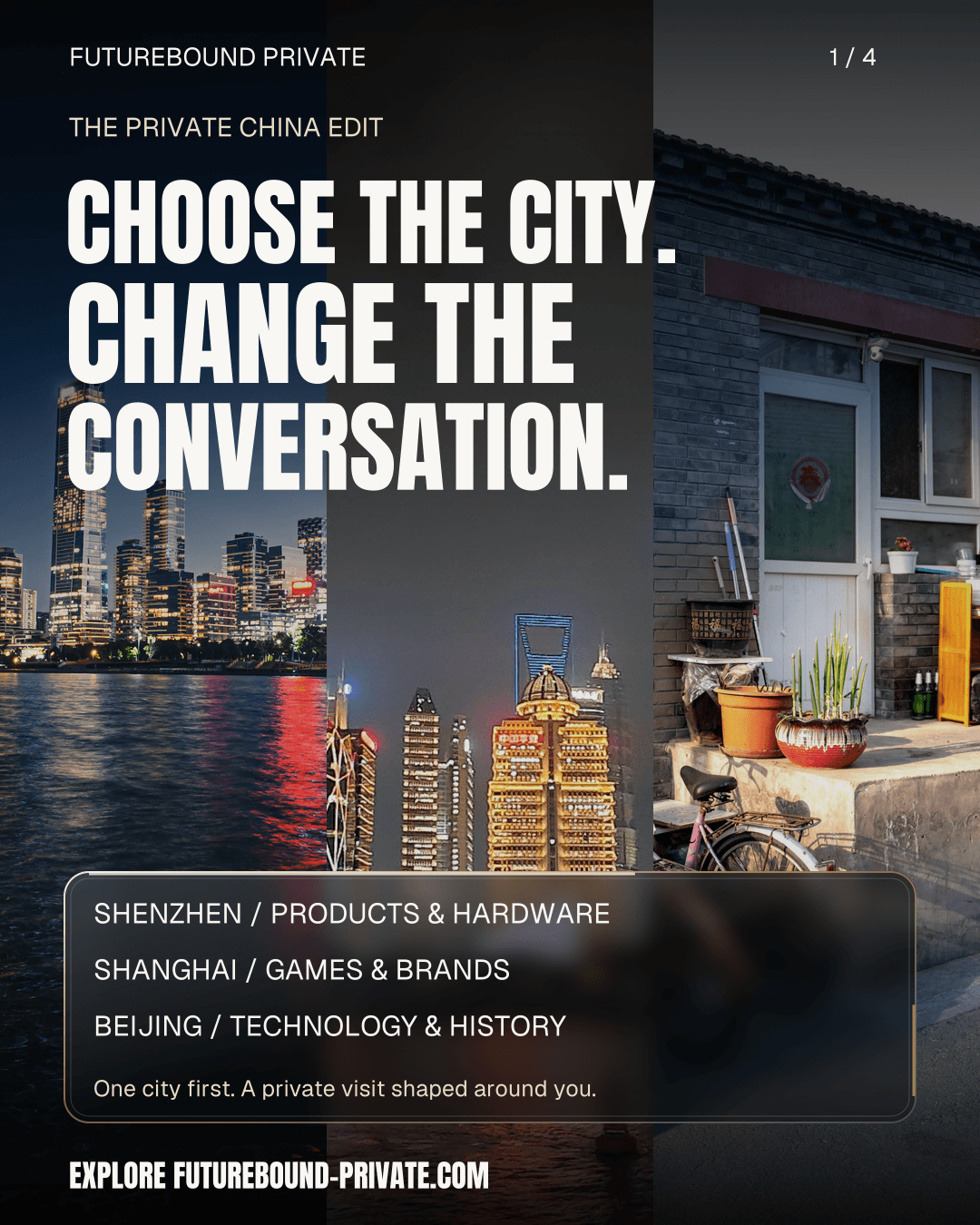 Choose the city. Change the conversation. Shenzhen, Shanghai and Beijing photographs with a smoked-glass comparison panel.