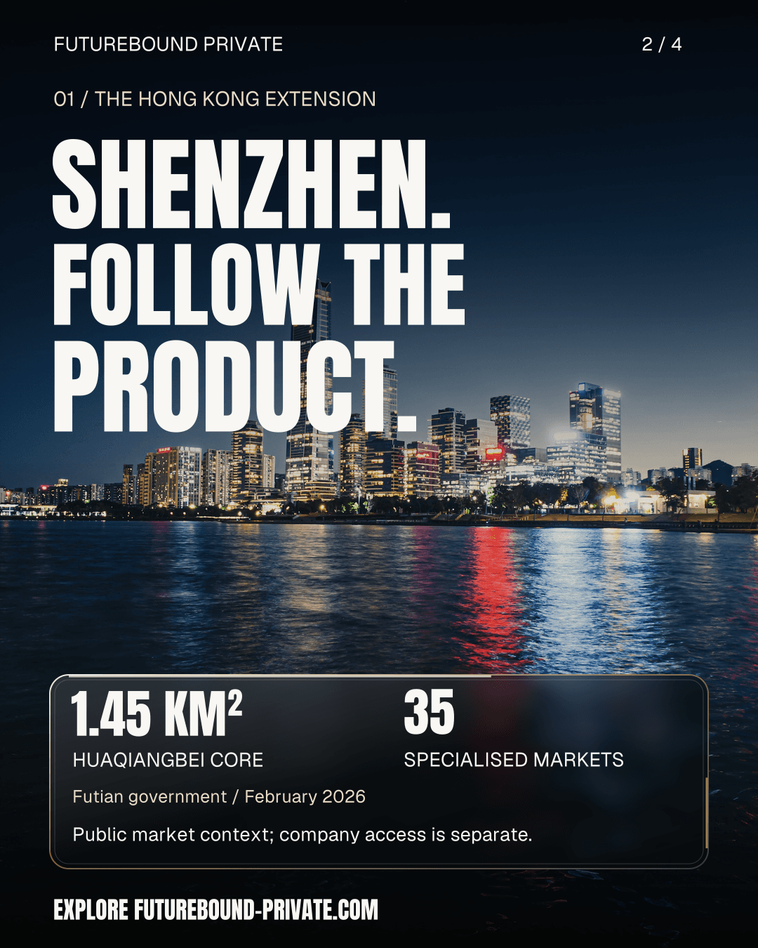 Shenzhen. Follow the product. Waterfront skyline and glass panel: Huaqiangbei core 1.45 square kilometres, 35 specialised markets. Futian government, February 2026.