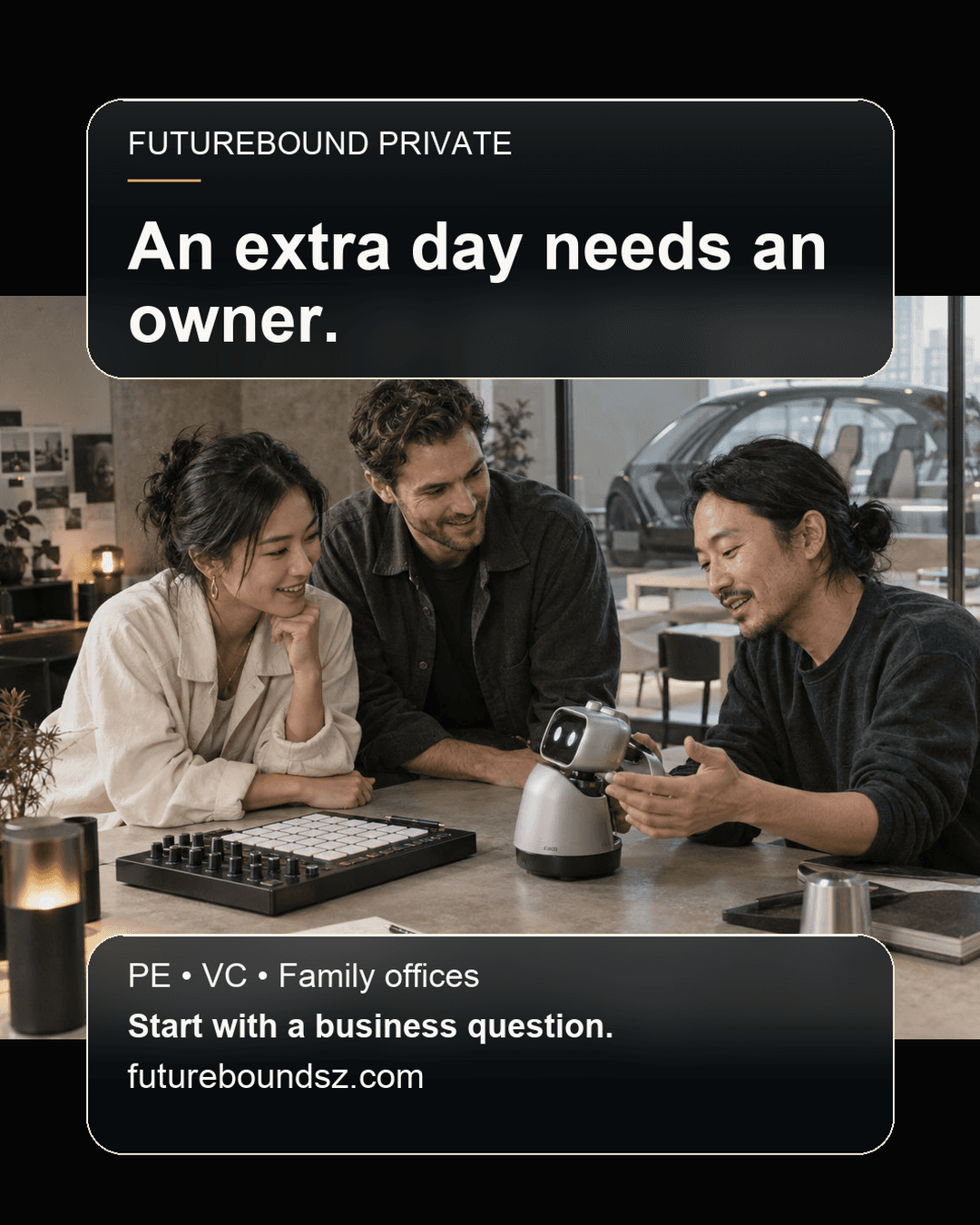 Illustrative Futurebound scene of three people discussing technology, with the headline An extra day needs an owner.