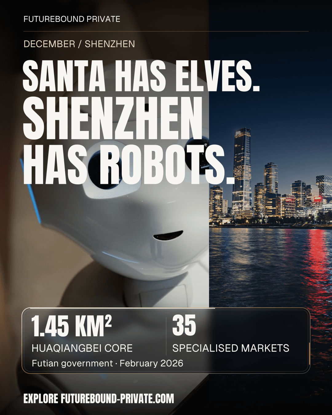 Futurebound Private / Shenzhen at Christmas. Santa has elves. Shenzhen has robots. Cinematic photographic collage, warm-white condensed headline and compact smoked-glass fact panels. Illustrative possibilities, not confirmed company visits or restaurant reservations.